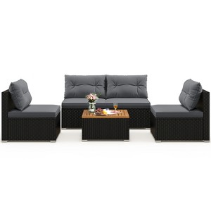 Tangkula Set Of 5 Rattan Sofa Set Outdoor Wicker Furniture Set w/Seat & Back Cushions Square Coffee Table Patio Sofa Set Gray - 1 of 4