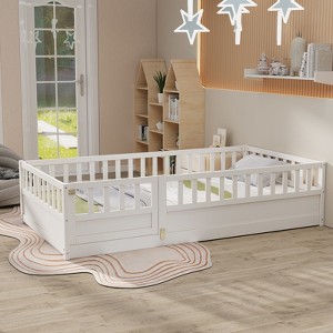 CAVINAS Full Size Bed Frame, Wooden Kids Floor Bed with Extra High Safety Barrier, Modern Full Bed Frame for Bedroom, Living Room - 1 of 4