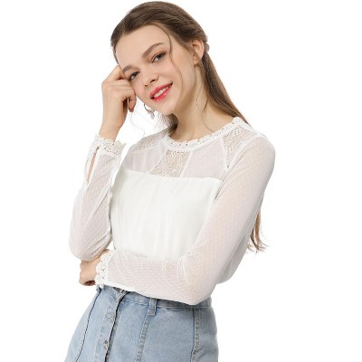INSPIRE CHIC Women's Elegant Lace Sleeve Scalloped Trim Summer Casual Chiffon Blouse