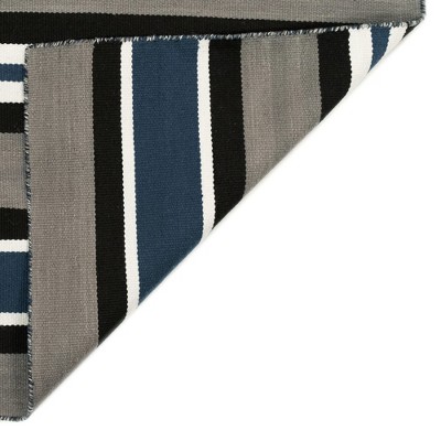 Navy and Gray Striped Synthetic Flat Woven Rug