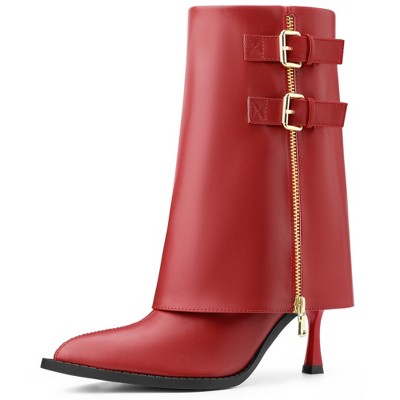BLISSFUL STEP Women's Pointed Toe Mid Calf Fold Over Buckle Stiletto Heel Boots