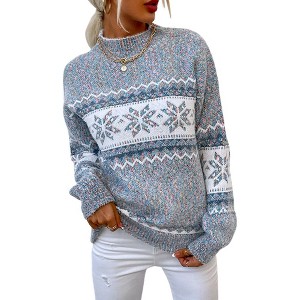 BLUEMING Womens Casual Snow Print Knitted Retro Pullover Sweaters Turtleneck Long Sleeve Crew Neck Jumper Tops - 1 of 4