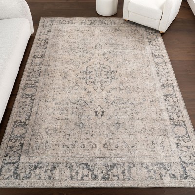 Beige and Gray Rectangular Synthetic Area Rug, 10x13