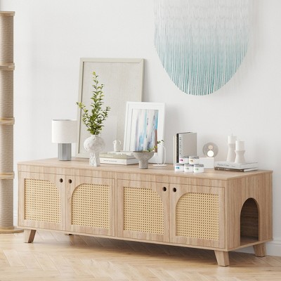 MAYEERTY 58¡Á20 Inch Double Hidden Cat Cabinet - With Rattan Doors & Dual Entrances, Fits Two Cats (Natural)