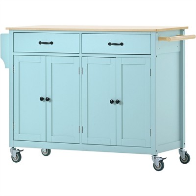 OUTSUPPLY Kitchen Island Cart with Locking Wheels, 4 Door Cabinet and Two Drawers, Spice Rack, Towel Rack