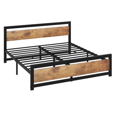 coucheta Metal Platform Bed Frame with Wooden Headboard and Footboard, Industrial Mattress Foundation, Under Bed Storage