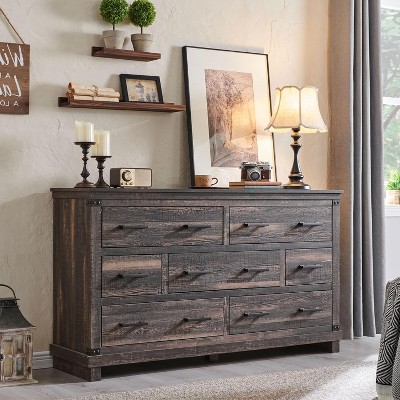 SinCiDo Farmhouse 7 Drawer Dresser, 54" Wide Wood Bedroom Furniture w/ Natural Texture & Metal Handles for Living Room, Hallway