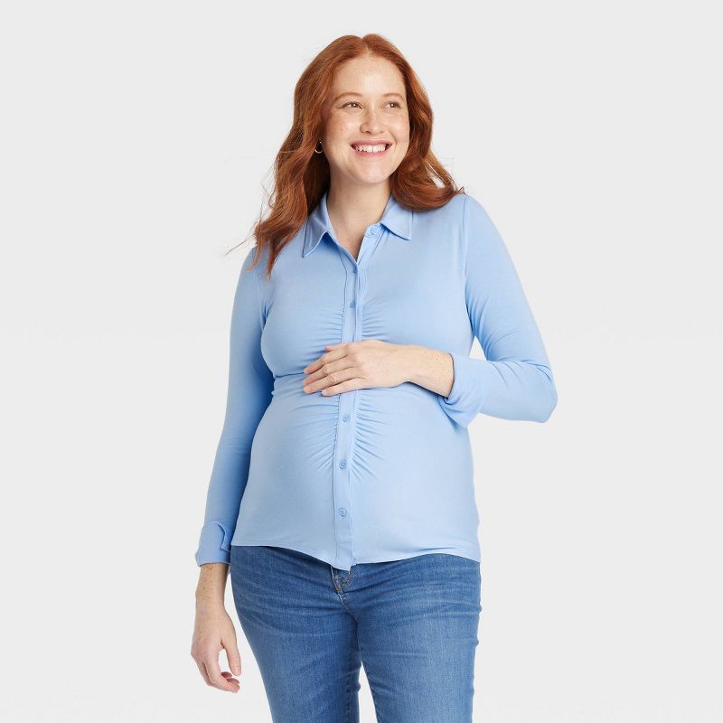Long Sleeve Knit Button-Up Maternity Shirt - Isabel Maternity by Ingrid & Isabel™ Blue, 1 of 4