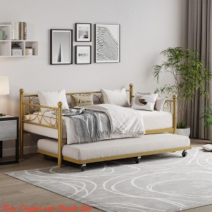 Bedroom Sofa Bed w/ Trundle, Twin Size Metal Daybed w/ Floral Headboard, Heavy Duty Metal Slats Support Multifunctional Bed - 1 of 4