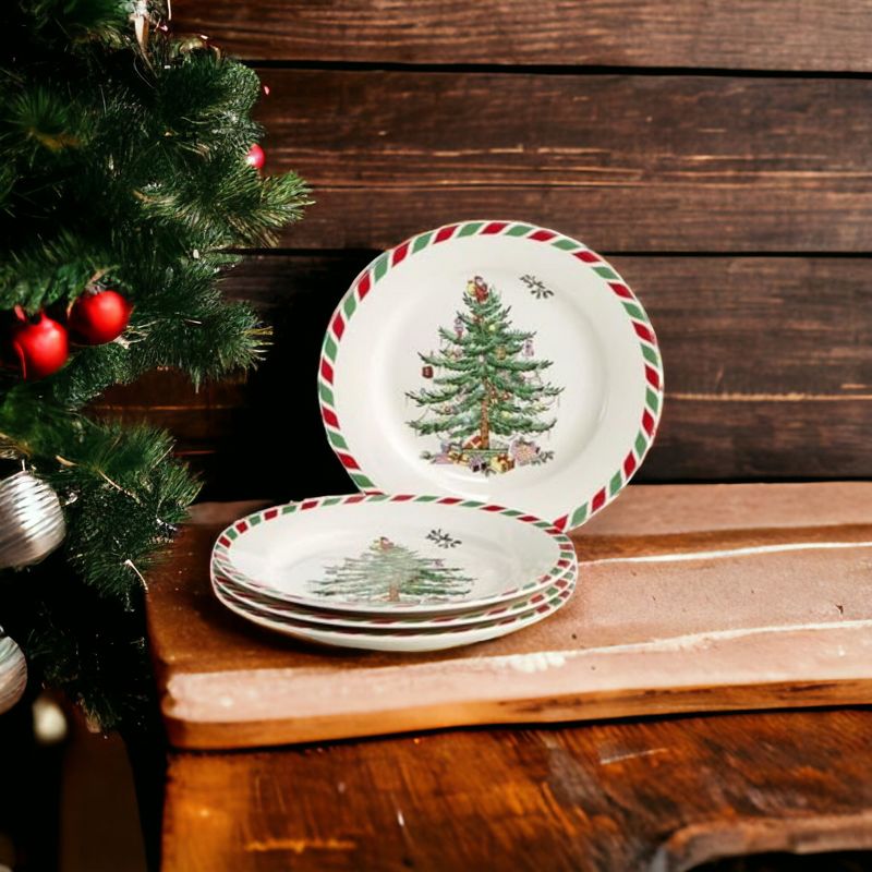 Spode Christmas Tree Collection Set of 4 Appetizer Plates, Candy Cane Border Measures at 8-Inches, Dishwasher and Microwave Safe, 3 of 5