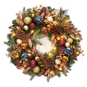 Christmas Wreath, Xmas Wreath for Front Door with Gold Bowknot, Artificial Pre-Decorated Holiday Accent with Ball Ornaments,Pine Cones - 1 of 4