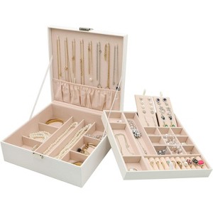 2-Layer Black Leather Jewelry Box with Removable Pad, Large Organizer Storage Case for Earrings and Other Jewelry - 1 of 4