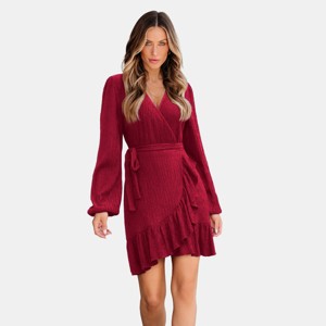 Women's Elegant Blue Crinkle Wrap Dress with Ruffled Hem - Cupshe - 1 of 4