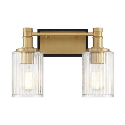 Matte Black and Warm Brass 2-Light Ribbed Glass Vanity Light
