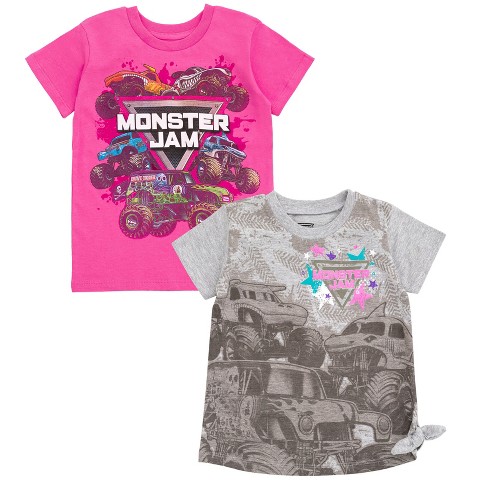 Monster Jam Little Girls' 2-Piece Knit Jersey Short Sleeve Graphic Tees Pink Heather Gray 7-8