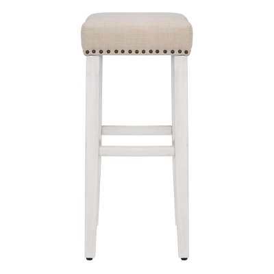 29" Beige Linen Upholstered Wooden Saddle Barstool