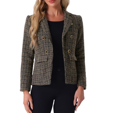 INSPIRE CHIC Women's Elegant Long Sleeve Open Front Buttons Decor Plaid Tweed Blazer Khaki Black Large