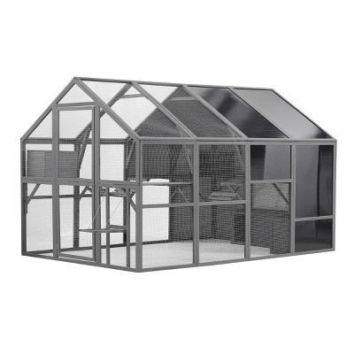 LAOTIES 108" Outdoor Wooden Catio,Large Walk In Cat Enclosure With Bridges,Platforms And UV-Proof Roof,Gray