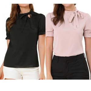 Allegra K Women's Elegant Bow Tie Neck Elastic Cuffs Office Short Sleeve Blouse 2 Pcs - 1 of 4