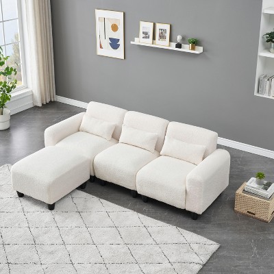 NicBex 84.6 Inch L-Shaped Teddy Fleece Sectional Sofa with Movable Ottoman and 3 Waist Pillows for Living Room,Bedroom,Apartment