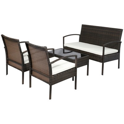 Boho Chic Dark Brown Wicker 4-Piece Outdoor Conversation Set with Cream Cushions