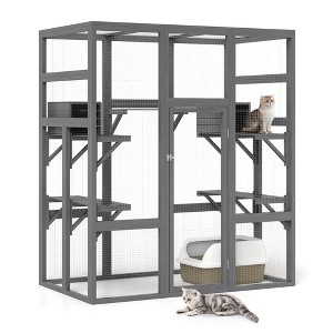 Sandinrayli 70Inches Large Stable Spacious Wooden Catio Outdoor Cat Enclosure with Perches and Condos - 1 of 4