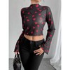 Women's Heart Sheer Mesh Long Sleeve Top Elastic Skinny Crop Turtleneck T-Shirts Flare Sleeve Beach Tops - 3 of 4