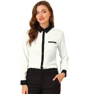 INSPIRE CHIC Women's Contrast Collar Chiffon Long Sleeve Work Office Blouse - 1 of 4