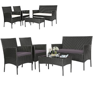 Tangkula 4PCS Outdoor Furniture Set Patio Rattan Conversation Set w/ Gray & Off White Cushion - 1 of 4