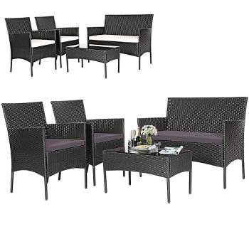 Tangkula 4PCS Outdoor Furniture Set Patio Rattan Conversation Set w/ Gray & Off White Cushion