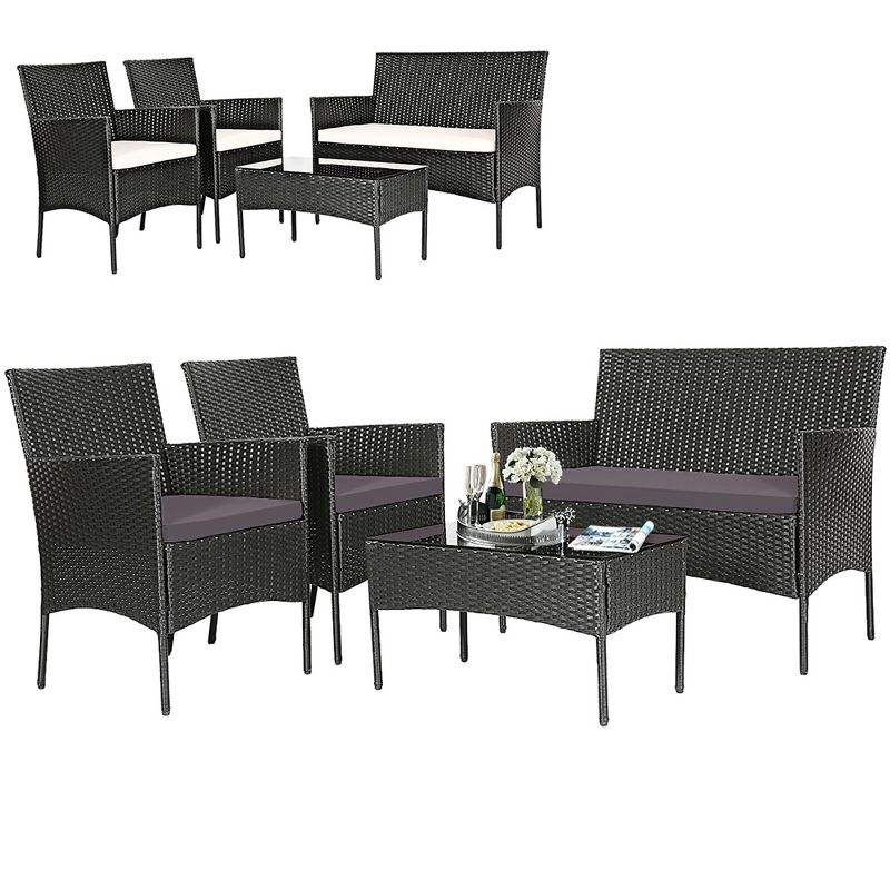 Tangkula 4PCS Outdoor Furniture Set Patio Rattan Conversation Set w/ Gray & Off White Cushion, 1 of 6
