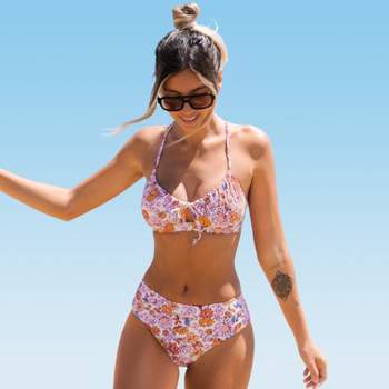 Women's Floral Cutout O-ring Back Tie Mid Rise Bikini Set Two Pieces  Swimsuit - Cupshe : Target