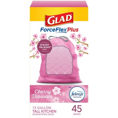 Glad ForceFlexPlus Tall Kitchen Drawstring Pink Trash Bags - Cherry Blossom - 13 Gallon
