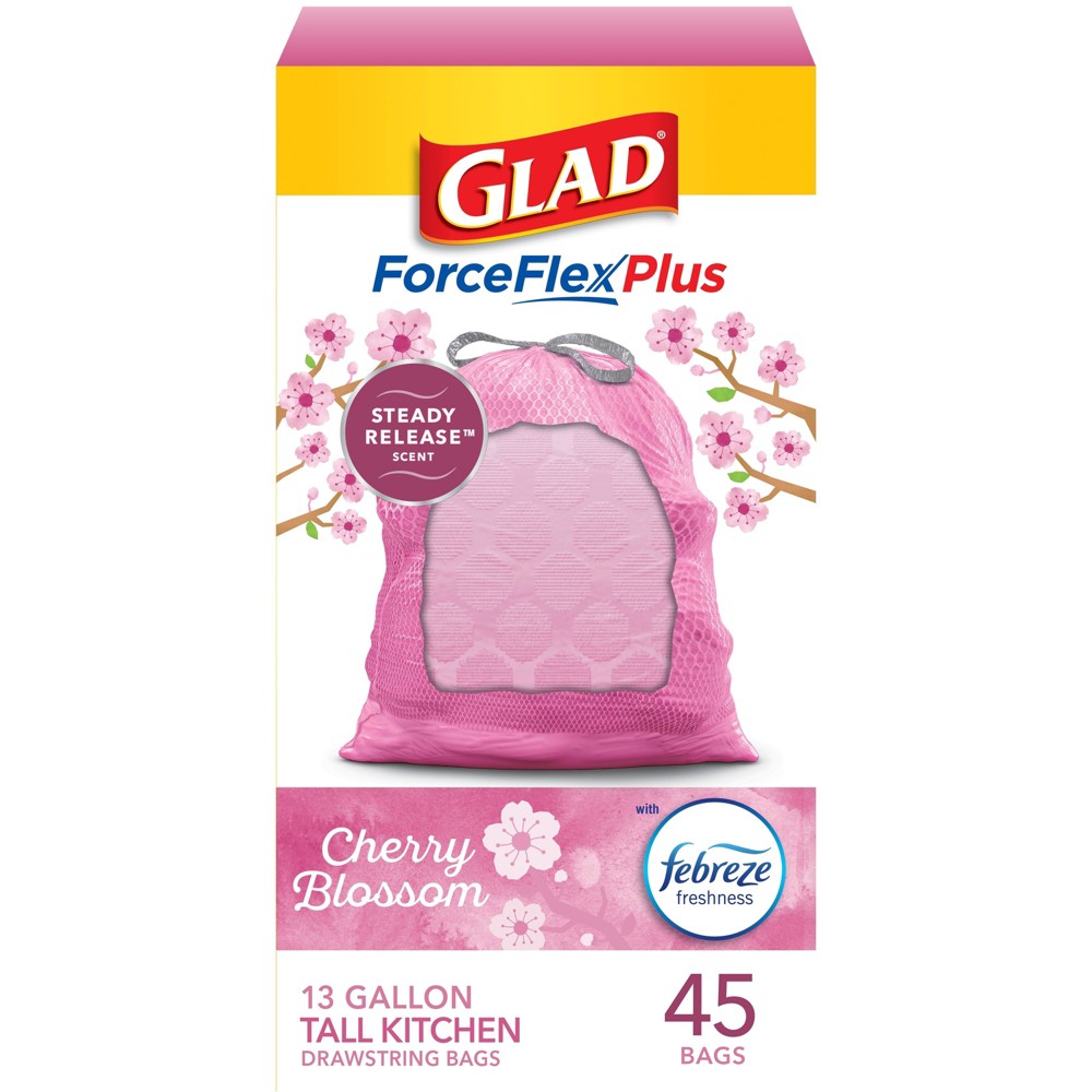 Glad ForceFlexPlus Tall Kitchen Drawstring Pink Trash Bags - Cherry Blossom - 13 Gallon/45ct