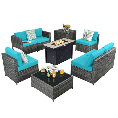 Tangkula 9 PCS Patio Rattan Furniture Set Fire Pit Table Storage Black W/ Cover