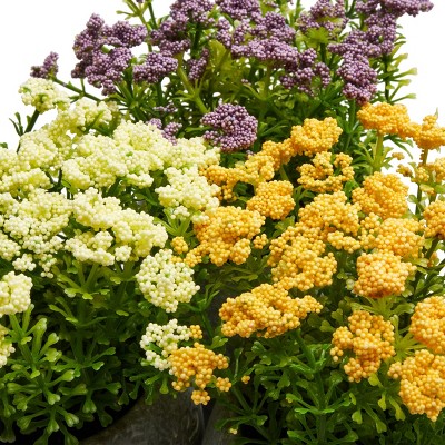 Lifelike Floral Trio in Concrete-Finish Pots - Ivory, Yellow, & Purple
