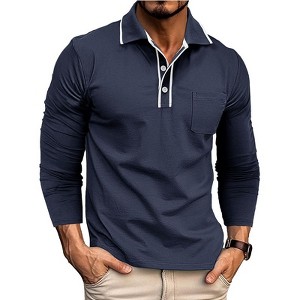 Coolmee Men's Polo Shirts Long Sleeve Casual Stylish Collared Button Solid Color Golf T Shirts with Pocket - 1 of 4