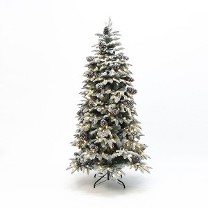 LuxenHome 7Ft Pre-Lit Flocked Artificial Pine Christmas Tree with Pinecones and Metal Stand Green - 1 of 4