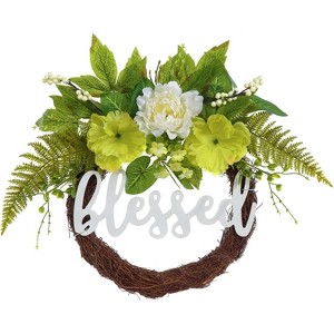 Acekool 24-Inch Spring Peony Wreath with  Sign, Farmhouse Door & Wall Decor, Lush Greenery and White Berry Accents for Porch, Patio, or Garden - 1 of 4