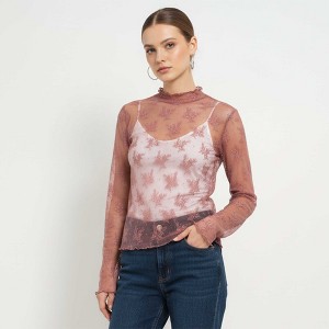 Women’s Floral Lace Slim-Fit Top – Sheer Stretch Tee with Baby Overlock Edge, Versatile Cherie Code - 1 of 4