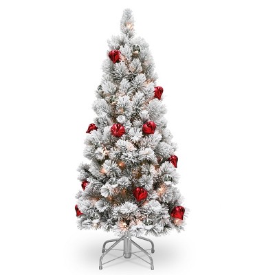 4.5ft National Christmas Tree Company Pre-Lit Snowy Bristle Pine Artificial Christmas Tree with Red & Silver Ornaments & 150 Clear Lights