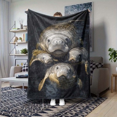 Manatee Pattern All-Season Flannel Blanket, Polyester Soft Throw for Bed, Sofa, and Indoor Use, Christmas Gift.