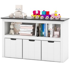 Costway Kids Toy Storage Organizer Wooden Bookshelf with 3 Drawers Hidden Wheel Blackboard - 1 of 4