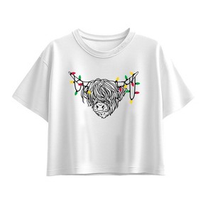 Girls' - Instant Message - Christmas Highland Cow Short Sleeve Boxy Graphic T-Shirt - 1 of 2