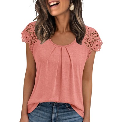 Women's Lace Top Pleated Short Sleeve Flowy Blouse Summer Loose Business Casual Dressy Shirts
