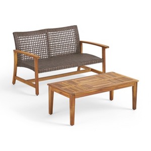 Christopher Knight Home Hampton Outdoor Acacia Wood and Wicker Loveseat and Coffee Table Set - 1 of 4