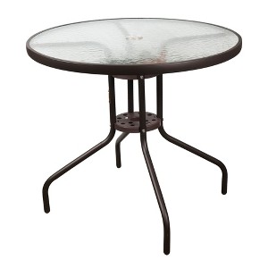 Garden Elements Outdoor Dining Table Patio Furniture, Round Steel Base and Rim with Waterwave Glass Top, Brown 31.5" - 1 of 4