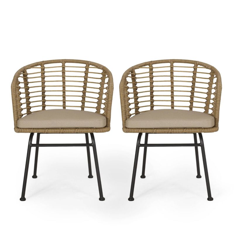 Randy 2pk Outdoor Wicker Chairs with Cushions - Light Brown/Beige - Christopher Knight Home, 1 of 13