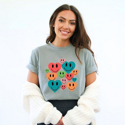 Simply Sage Market Women's Distressed Smiley Hearts Short Sleeve Garment Dyed Tee