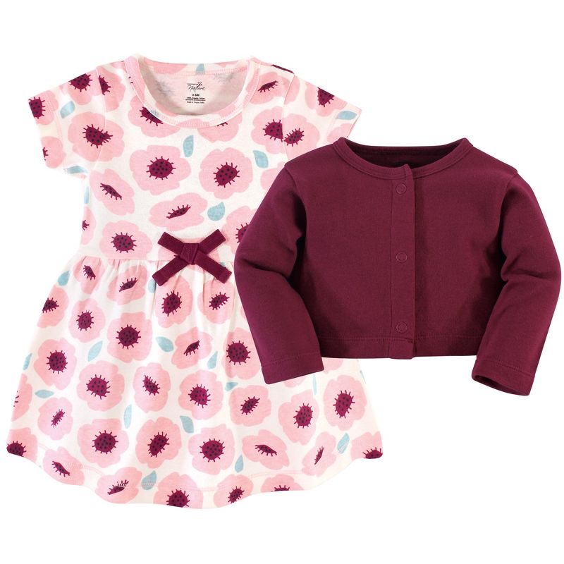 Touched by Nature Baby and Toddler Girl Organic Cotton Dress and Cardigan 2pc Set, Blush Blossom, 3 of 6